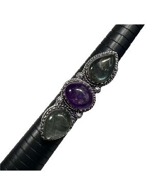 Labradorite Amethyst 925 Triple Stone Gemstone Silver Ring 8.75